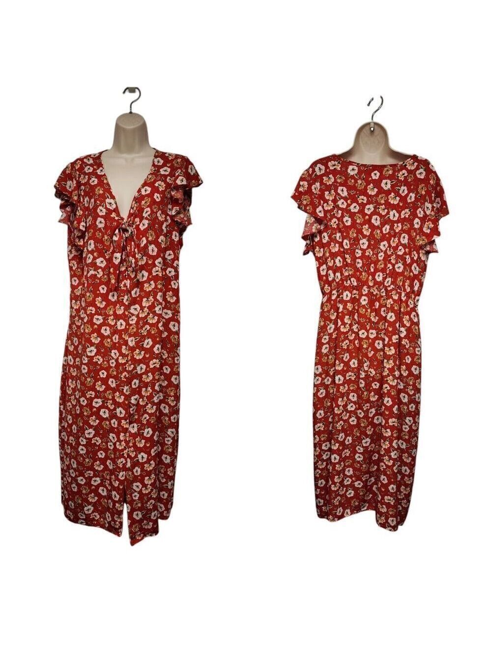 Just Found Floral Multicolor Red Button Front Ruffle Sleeve Midi Dress 3XL